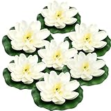 MHYGKTXRA 7 PCS Artificial Floating Foam Lotus Flower with Water Lily Pad, Lifelike Ornament Perfect for Home Garden Pond Decor Indian Diwali Decorations Return Gifts, White
