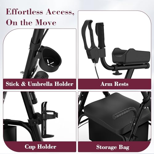 Image of Upright Rollator Walker, Heavy Duty Stand Up Walkers for Seniors with Seat and Reversible Backrest, Foldable Standing Rollator with 8 inch Anti-Slip PU Wheels, Black