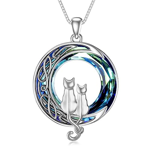 TOUPOP Silver and Silver Cats Necklace Cat Gifts for Cat Lovers Two Cats Necklace 925 Sterling Silver Cats on the Moon Necklace Celtic Jewelry