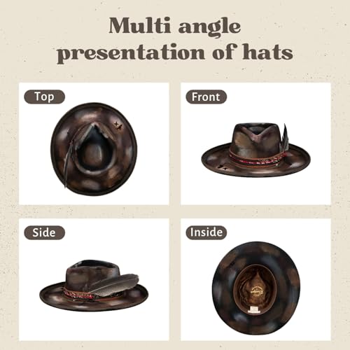 Image of RUEDIGER Vintage Pencil Brim Fedora Hats 100% Wool Felt Hat Panama Rancher Hat with Lightning Logo Handmade Distressed /Burned