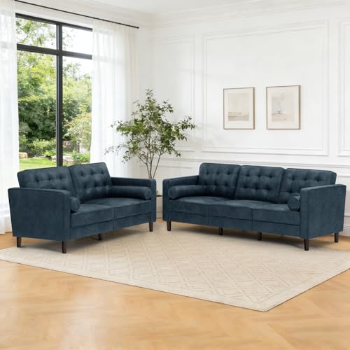 Image of Suede Leather Upholstered Sofa Set with Bolster Pillows, Blue | Tufted 2 Pieces Modern sofas with Bolster Pillows, 3 Seats Sofa and Loveseat with Sturdy Legs for Living Room, House