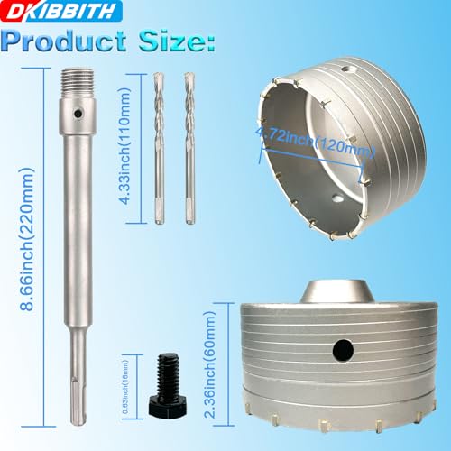 Image of 4-3 /4 inch Concrete Hole Saw, 120mm Tungsten Steel Core Bit for Cinder Block, Brick, Rock, Plank Walls for Pipes or mini Split Lines, with SDS Plus Shank and 2 Center Positioning Drill Bits.