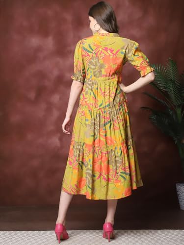 Image of Claura Women Floral Print Mandarin Collar Puff Sleeves Maxi Midi Dress