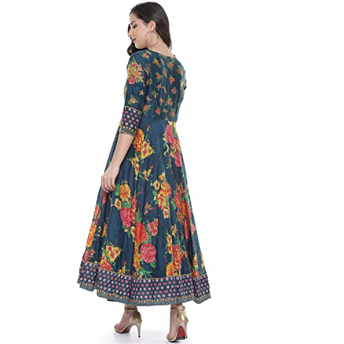 Image of BIBA Women's Fit and Flare Cotton Flared Fusion Printed Below The Knee Dress