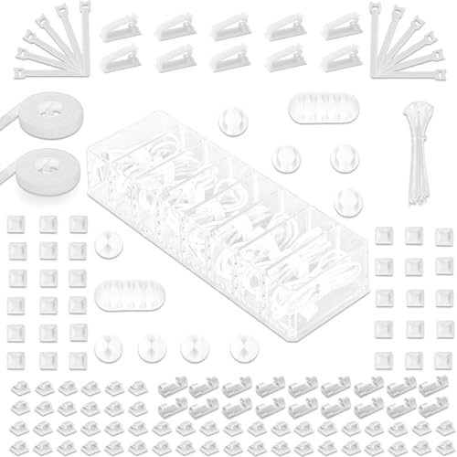 MiuCo 255Pcs Weiß Kabelmanagement Set Mit Kabelbox, Kabelhalter Selbstklebend, Rollenkabelbinder, Silikon Kabelclip, UV Kabelbinder, Selbstklebende Klettband, fur Kabelorganizer fu
