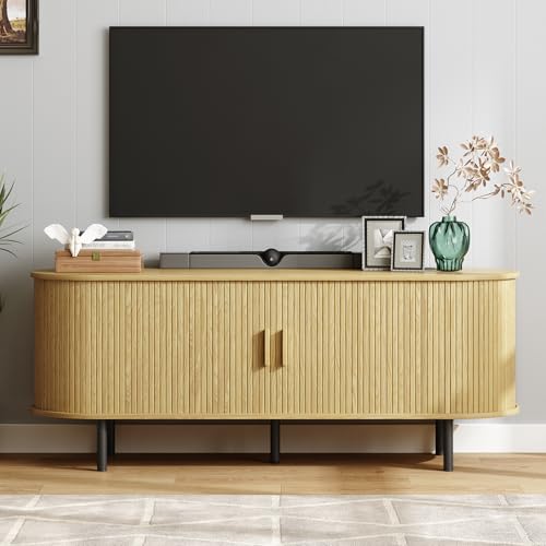 ONBRILL 55" TV Stand with Power Outlet for TVs up to 60 Inch, Entertainment Center with Storage and Adjustable Shelves, Modern Media Console with Sliding Doors for Living Room, Oak