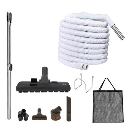 OVO Central Vacuum Garage Kit, with 30ft Straight air Hose, 12’’ Combo Brush and Accessories Included, for Hard Surfaces, B, Grey Kit B