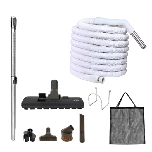 OVO Central Vacuum Garage Kit, with 30ft Straight air Hose, 12’’ Combo Brush and Accessories Included, for Hard Surfaces, B, Grey Kit B