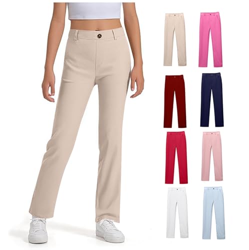 Girls Dress Pants Kids Bootcut School Uniform Slacks with Half Elastic Waist Flared Leggings Size 5-15 Years