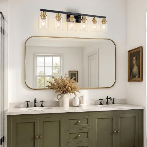Image of 6-Light Vanity Lights Bathroom Light Fixtures,Black and Gold,37 inch | Modern Bathroom Vanity Light over Mirror with Clear Glass Shade,Farmhous Wall Mounted for Bathroom,E26 Base