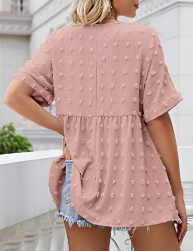 Mirol Women's V-Neck Flowy Tunic Tops Swiss Dot Short Sleeve T Shirts Babydoll Loose Fit Casual Blouse Pink #TOP1