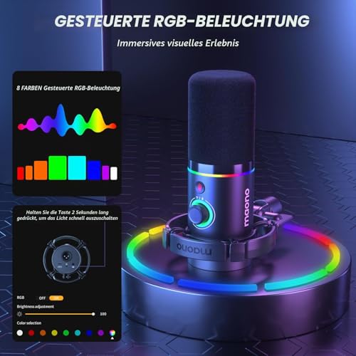 MAONO XLR/USB Dynamisches Mikrofon Set, RGB Podcast Mikrofon mit Arm, Software, Stummschalttaste, Gain-Regler, für PC Gaming, Streaming, Aufnahme, PS4/5 Mac Mixer usw PD200XS Schwarz