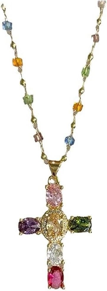 Vintage Rhinestone Cross Pendant Necklace for Women,Colored Sparkling Crystal Beaded Statement Choker,Trendy Party Banquet Jewelry Accessories Gifts - Image 7