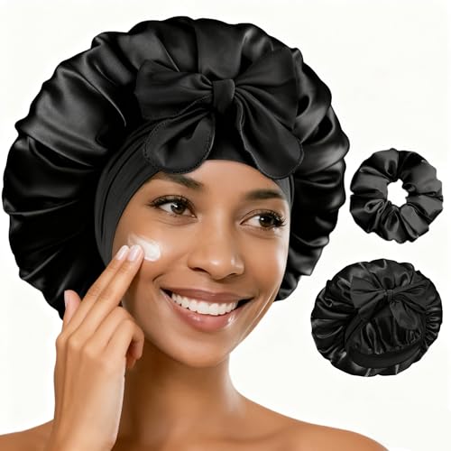 FOLAI 1 Stück Schlafmütze Satin Bonnet seidenhaube zum schlafen Nacht Schlaf Mütze Verstellbare Schlafkappe Kopfbedeckung Weiche Kopfhaube Schlafhaube Seide mit Gummizug für Damen und Mädchen(Schwarz)