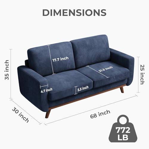 Image of Vesgantti 68 inch Loveseat Sofa Dark Blue, Comfy Corduroy Couch with Spring Cushion and Solid Wood, Modern Extra Deep Seat for Bedroom, Living Room, Office