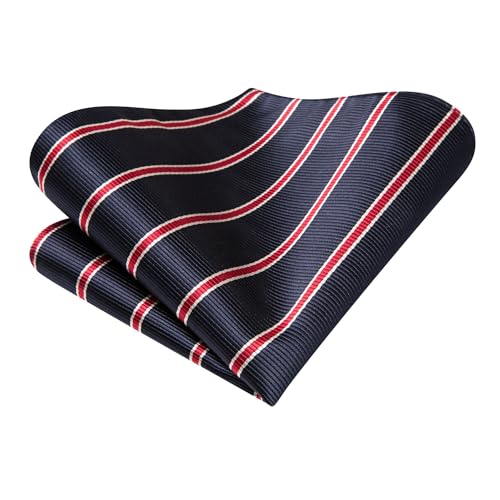 Image of Hi-Tie Navy and Red Striped Ties for Men Formal Necktie and Pocket Square Lapel Pin Silver Tie Clip Cufflinks Set Wedding Business 6PCS