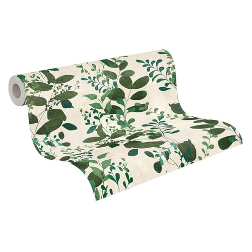 Profhome Papel pintado floral 791868-GU no tejido blanco y verde gris-oliva de 0,53 m 3