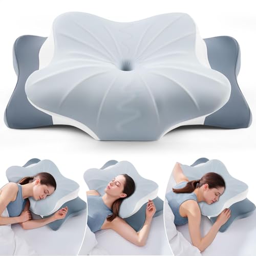 Cervical Pillow for Neck Pain Relief, Cooling Ergonomic Memory Foam Pillow with Ice Silk Pillowcase, Dual-Height Orthopedic Contour Support Pillow for Side,Back,Stomach Sleepers, CertiPUR-US