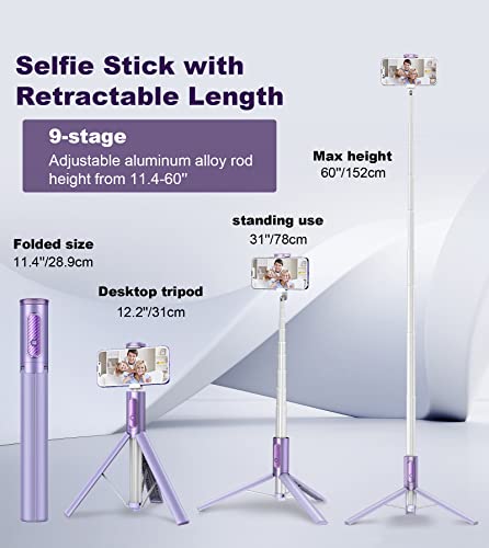 Toneof Tripod, Cell Phone Selfie Stick, 60 Inch All-In-1 Stand With Integrated Wireless Remote, Lightweight And Portable, Extendable Tripod For 4-7 Inch Iphone And Android（Purple） #TOP2