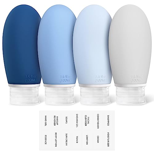 Opret 100ml Silicone Travel Bottle, 4 Pack Leak Proof Refillable Squeezable Containers with Lable 3.4oz for Shampoo, Conditioner and Toiletries, BPA Free and TSA Approved