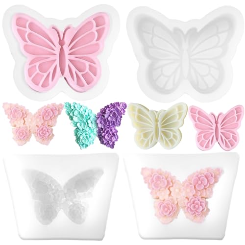 Heogacinlia 4 PCS 3D Flower Butterfly Candle Molds Mini Butterfly Silicone Molds Epoxy Resin Molds for Candle Making Resin Casting Soap Plaster Mould Fondant Cake Decoration Molds