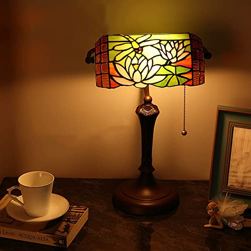 Vintage Banker Tischlampe Libelle Pastorale Lotusblume Tiffany Stil Rosa Grün Glasmalerei Dekoration Lampe Nacht Arbeitszimmer Leselampe mit Zugkettenschalter Cover