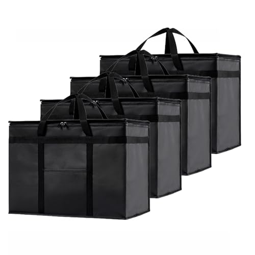 Image of NZ home Insulated Bags for Food Delivery (XL Plus) Grocery Shopping Cooler Bag, Pizza Delivery, Hot & Cold Catering Tote, Reusable, Foldable & Heavy Duty (4 Pack, Black)