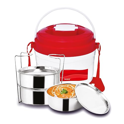 Image of Trueware Marina 3 Lunch Box with 3 Steel Container, 300 ml X 3 Red | PU Insulated | Tiffin | Hot Lunch Box | Leak Proof | Easy to Carry |Food Grade | BPA Free | Office | Outdoors | for Men Women