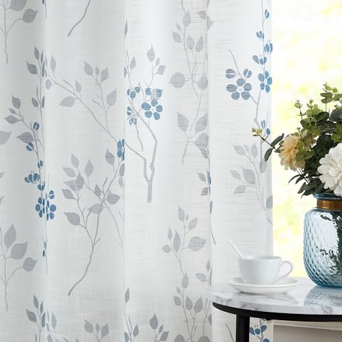 Image of Beauoop Floral Linen Semi Sheer Curtains Living Room Blue Grey 50x54 2 Set
