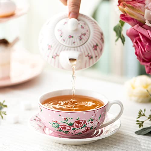 Malacasa Tea For One Set, Teapot 11 Ounce And Cup 8.4 Ounce And 6 Inch Saucers, Porcelain Teapot And Cup Set, Tea Pot With Lid, Pink - Series Sweet Time #TOP5