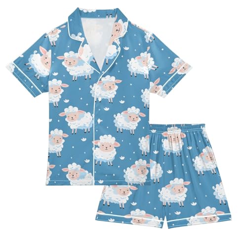 White Sheep Pattern Pajamas Set Summer Button Down Sleepwear Pjs Sets Comfy Loungewear