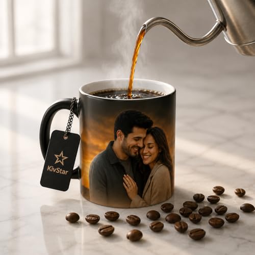 Image of KivStar Customized Photo & Quote Reveal Mug - Black Magic Coffee Cup (325ml) - Ideal Surprise Gift for Him /Her on Birthday & Engagement 01 (Combo-02)