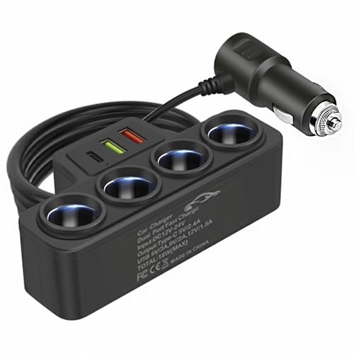 120W Car Charger Adapter, 7-in-1 Car Cigarette Lighter with 4 Sockets & 3 USB Ports (QC3.0/PD3.1/USB3.1) for 12V/24V Vehicles, Fast Charging for Laptop,Phone,iPad,Dash Cam - LED Display (Black 1 PCS)