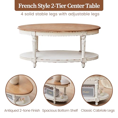 Farmhouse Oval Coffee Table 39 Inch, 2‑Tier Distressed Wood Center Table - Image 5