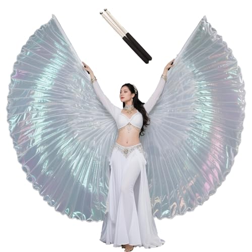Tefrica Women's Professional Belly Dance Wings with Sticks Halloween Carnival Performance Accessories (White, Adult)