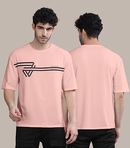Image of BULLMER Peach Trendy Front Printed oversized Round Neck T-shirt for men