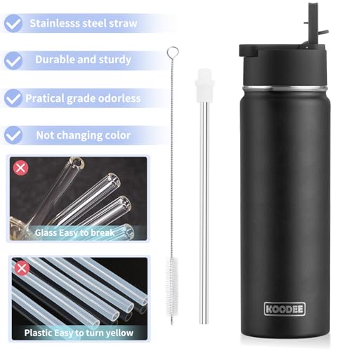 Image of koodee 2 Pack Water Bottle With Straw 22 oz Stainless Steel Insulated Wide Mouth Water Bottle for Adult Reusable BPA Free (Purple-Black)
