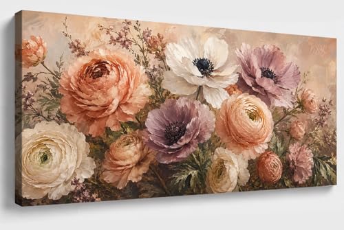 JILLICK Peach Floral Bouquet Canvas Wall Art, Painterly Anemone Ranunculus Botanical Decor for Living Room Bedroom Office 46x23 Inch, for Living Room Wall Art Decor