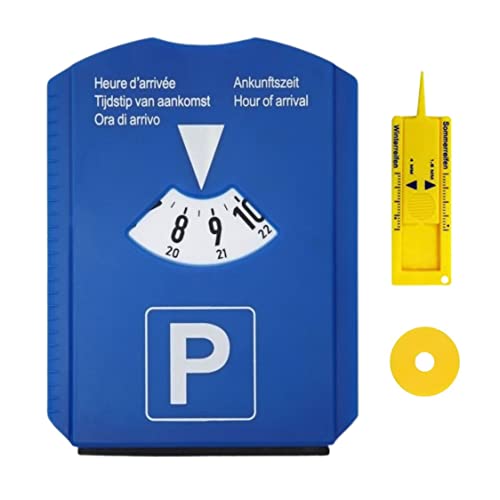 DISQUE STATIONNEMENT ZONE BLEUE avec Gratte Givre Pare Brise Voiture | Jauge de Profondeur de Pneu Auto | Jeton de Caddie | Disque bleu PVC Plastique | Durable et Indechirable