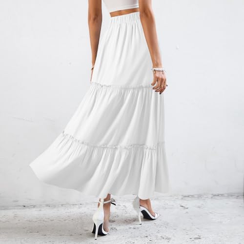 BOMAROLAN Women's Maxi Skirts Summer Elastic High Waist Boho Flowy Skirt A Line Long Skirts Ruffle Swing Beach Skirts4