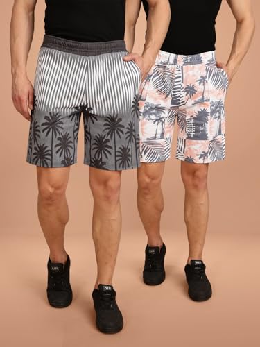 Image of BULLMER Regular Fit Cotton Blend Summer Shorts for Men - Pack of 2 | Printed Shorts for Men Blue /Beige