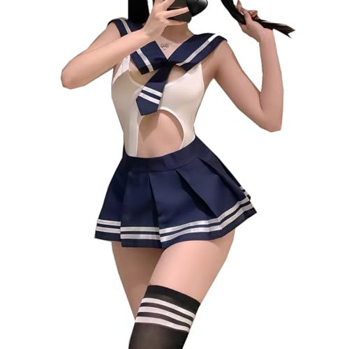 CHILIRIA Schulmädchen-Outfit koreanische japanische Dessous Schulmädchenuniform Matrosen-Anime Cosplay Rollenspiel-Kostüm Bodysuit Strümpfe