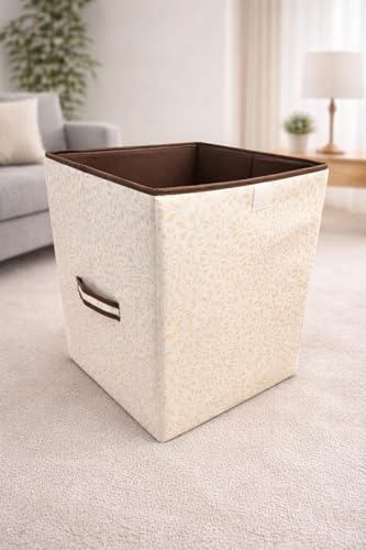 Image of QUAIL 75L Leaf Printed Foldable Laundry Basket with Lid, Beige & Brown Fabric Laundry Hamper with Handles, Dirty Clothes Organizer, Collapsible Storage Bin for Bedroom, Bathroom & Laundry Room