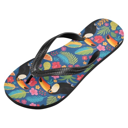 ALAZA Toucan Birds Tropical Flower Leaf Flip Flops for Women Fashion Beach Slippers Comfort Mens Flip Flops Non-Slip Rubber Shower Slippers Sandal for Hotel Travel Sport,XS2