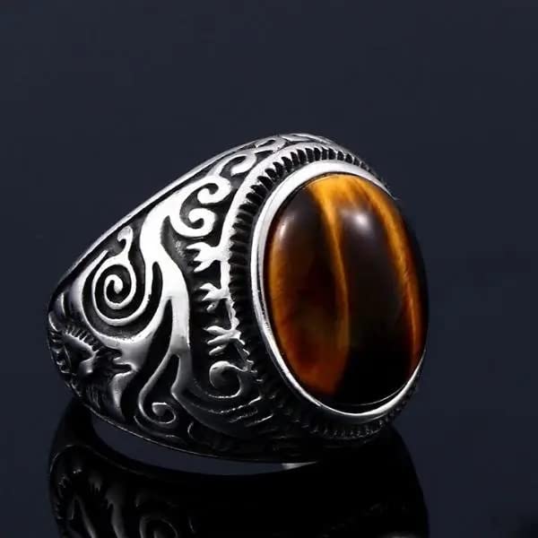Image of THE MEN THING Vintage Tiger Eye Stone Rings for Men | Luxury Solid Pure Titanium Stainless Steel Ring Jewellery (Tiger Eye Stone - Stainless Steel, 17-21- 24)