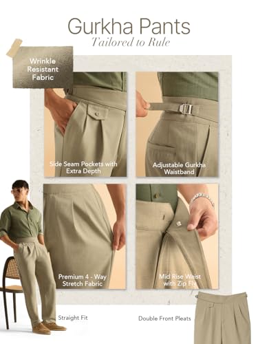 Image of The Souled Store: Gurkha Pants Men and Boys Solid Polyester Blend Straight Fit Adjustable Waistband 4-Way Stretch Wrinkle Resistant Pleated Front Trousers
