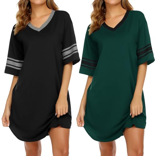 Image of Ekouaer Nightgowns for Women 2 Pack Sleepshirts Short Sleeve Nightshirt V Neck Sleepwear Casual Pajama Dress