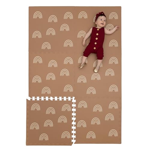 Image of Childlike Behavior Baby Play Mat - 72x48-Inch Tummy Time Mat - 6-Piece Interlocking Foam Floor Tiles for Toddlers - Soft Waterproof for Floor Play and Crawling - Rainbows