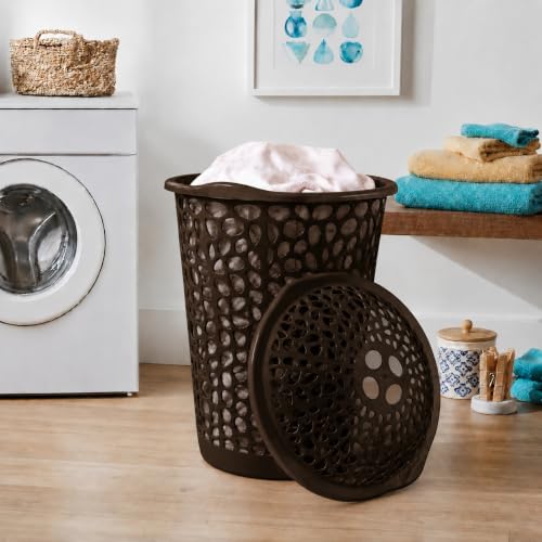 Image of KITCHIVO Plastic Large 55 Ltr Laundry Basket with Lid & Handle | Multipurpose Hamper Bins Storing Washable Clothes, Blankets | Household Ideal for Home & Bathroom (Round Brown)