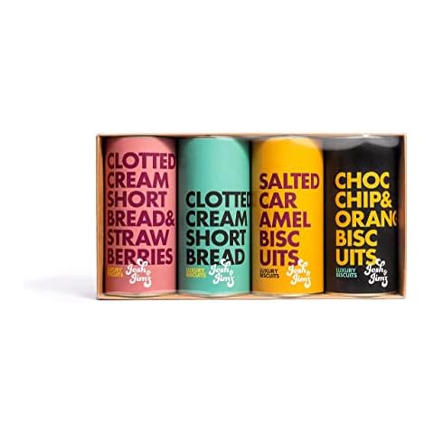 Josh & Jim's Luxury 4 Pack Biscuit Selection Hamper. 1 x Clotted Cream Shortbread Strawberries. 1 x Clotted Cream Shortbread. 1 x Salted Caramel Biscuits. 1 x Chocolate Chip, Yellow, 200g x 4 Tins Cover